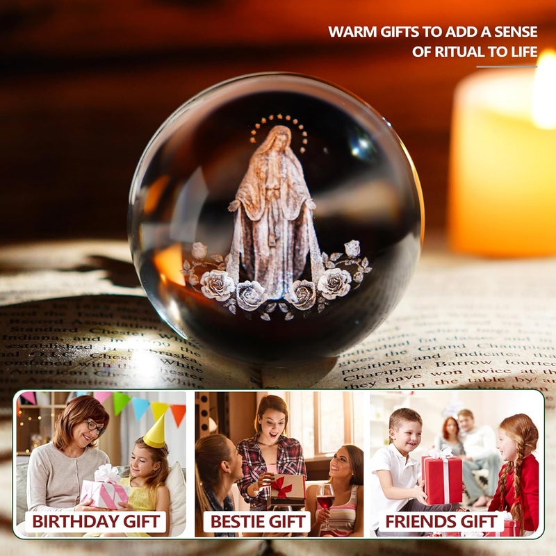 ZEERSHEE 3D Our Lady of Guadalupe Crystal Ball with Rose Stand Laser Etched Virgin Mary Statue Christian Catholic Religious Easter Gifts - Image 5